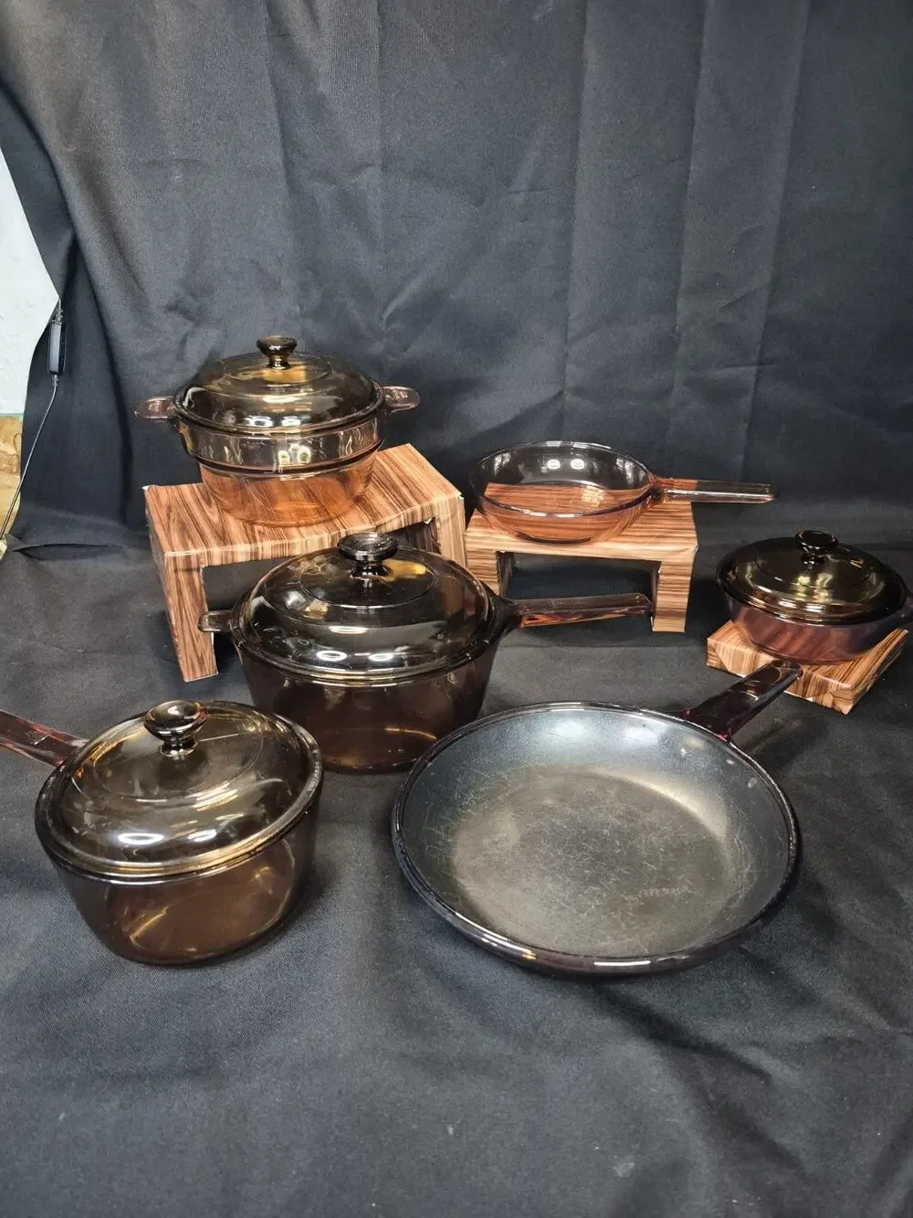 Vintage CorningWare Vision Amber Glass Saucepans & Skillet Cookware 6 +4 Lids